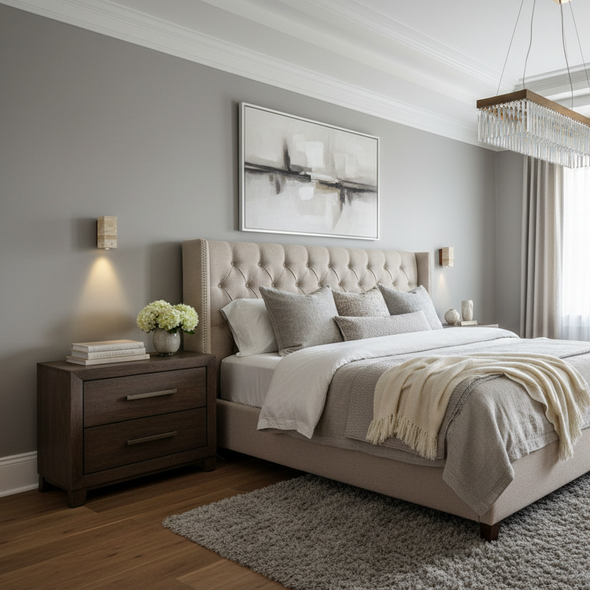 A modern bedroom features a beige tufted bed, gray and white bedding, a dark wood nightstand with flowers, abstract wall art, and Morsale.com Natural Travertine Wall Lights. A chandelier, soft lighting, shaggy rug, and wood floor add coziness.