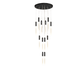 Introducing the Villa Forci Duplex Staircase Foyer Chandelier by Morsale.com: a minimalist modern chandelier featuring multiple elongated, cylindrical light fixtures hanging at varying lengths from a circular black base. This design boasts sleek black and white elements accented with polished gold, creating an elegant cascading effect against a plain white background.