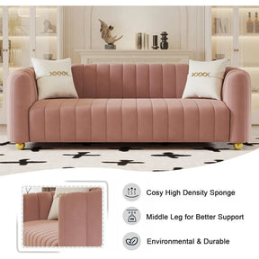 A plush pink 84" Mid-Century Modern Sofa by Morsale, featuring tufted cushions and golden legs, is showcased in an elegant room. Decorative pillows enhance its charm. Inset images highlight the sofa's high-density sponge, middle leg support, and durability, exuding minimalist modern style.
