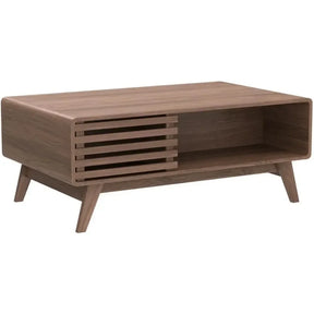 The Morsale Farmhouse Wood Coffee Table, crafted in the US, features a minimalist rectangular design with tapered legs. Its open storage with horizontal slats complements its modern style. Made from chemical-free wood, it has a smooth light brown finish for elegance and safety.