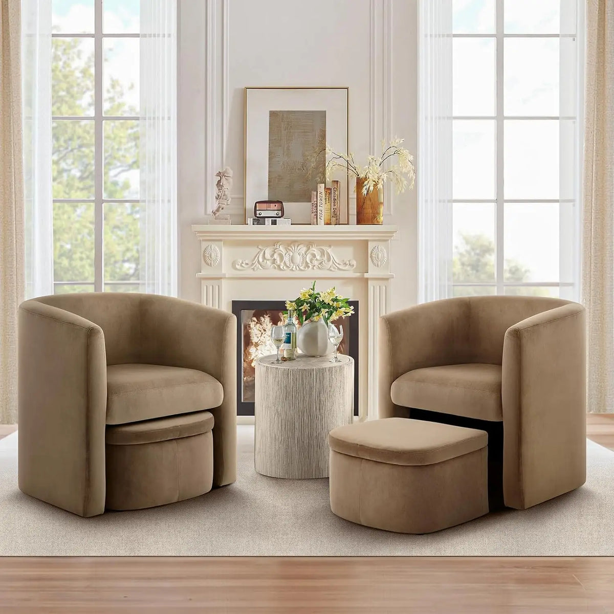 A cozy living room showcases Morsale's Barrel Accent Chairs With Storage Ottoman Set of 2 on a light rug. Between them, a small round side table from Mainland China holds flowers. A mantel with decor sits beneath large windows overlooking tranquil trees.