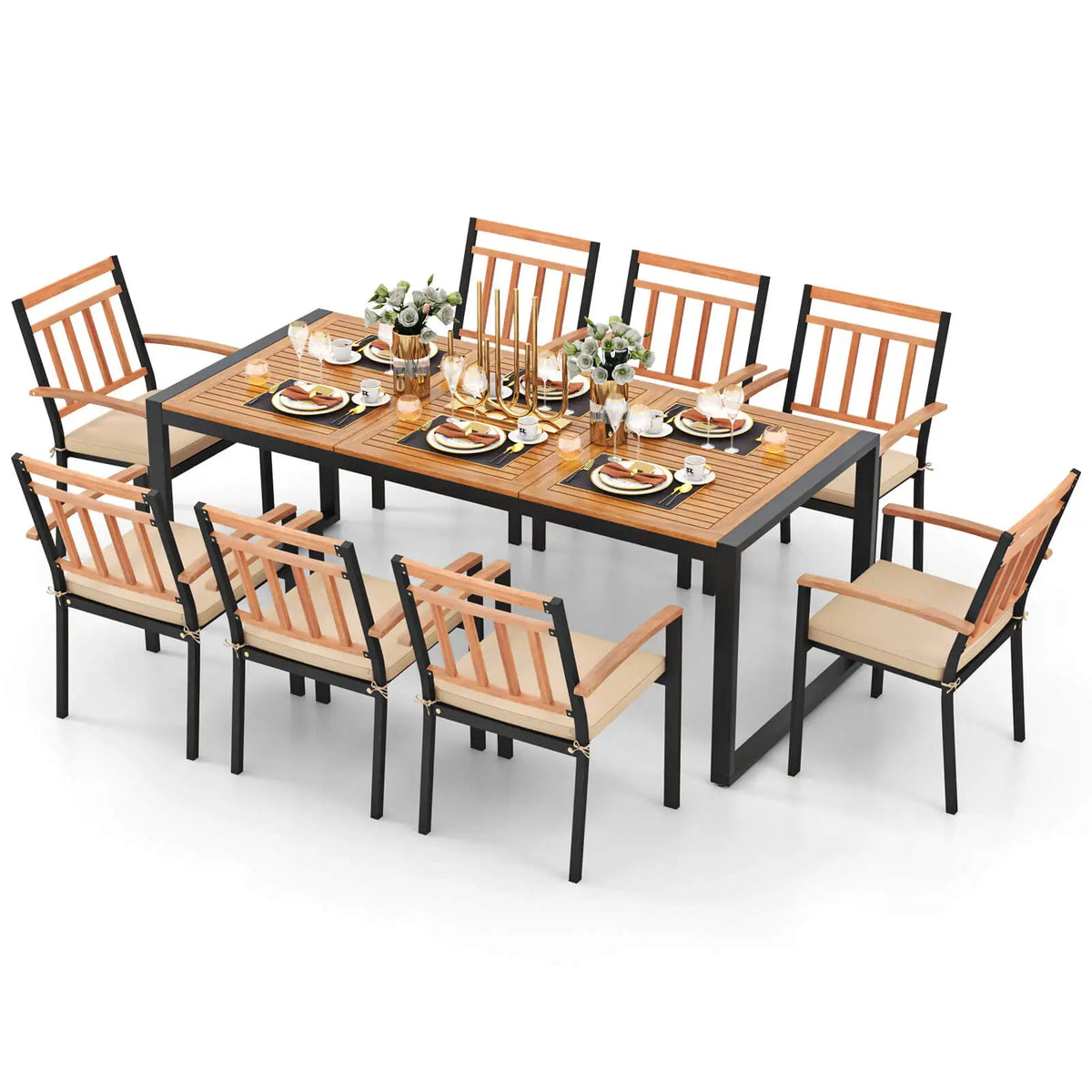 The Belford 9-Piece Patio Dining Set by Morsale features a rectangular wooden table with a slatted top, accompanied by eight stylish wooden chairs with black metal frames and beige cushions. Made in Mainland China, this set requires assembly and suits any gathering beautifully.