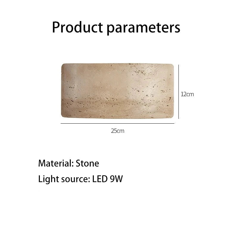 The Natural Travertine LED Wall Light Fixture by Morsale.com is an interior wall sconce featuring a rectangular, curved stone-like cover that emits a warm, soft glow. This energy-efficient LED lighting creates a halo effect on the white wall, emphasizing the texture and natural imperfections of the stone surface.