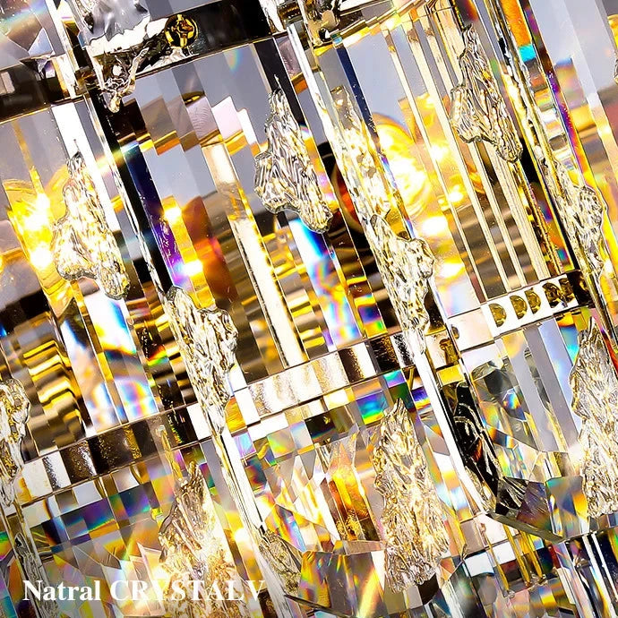 A close-up of the Gio Crystal Chandelier by Morsale showcases its intricate glass cuts and reflections, creating a kaleidoscope of colors. LED bulbs enhance the sparkle on the facets, bringing out the chandelier's luxurious design, with Chinese text visible at the bottom.