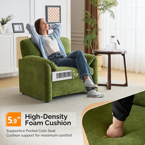 A person relaxes in the Morsale Olive Green 38" Oversized Accent Chair, eyes closed, arms resting on the chair with its 5.9" high-density foam cushion and adjustable backrest. A nearby side table holds a plant, as light filters through sheer curtains in this modern living room.