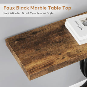A Wexford Geometric Frame Console Table by Morsale, showcasing a faux black marble design with books on it. Text reads: "Faux Black Marble Table Top - Sophisticated & Modern Style.