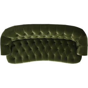 Experience the elegance of the Chesterfield Velvet Tufted Sofa by Morsale in olive green, boasting a plush top view, curved arms and back, and detailed button upholstery. This refined piece complements any sophisticated living space.