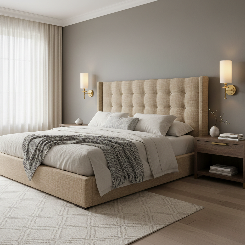 A modern bedroom features a beige upholstered bed with gray bedding and a knit throw. Two Morsale Brielle Wall Sconces flank the bed, beside a wooden nightstand and sheer curtains letting in soft natural light.