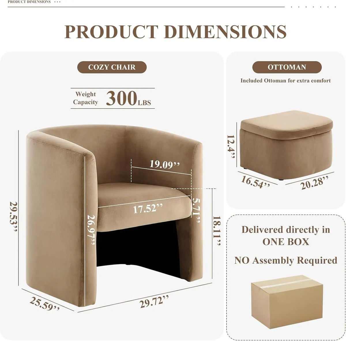 The Morsale Barrel Accent Chairs with Storage Ottoman Set of 2, in beige, crafted in Mainland China, feature dimensions with a seat height of 18.11", depth of 19.09", and width of 17.52". The ottoman arrives together in one box—no installation required and has a weight capacity of 300 lbs.