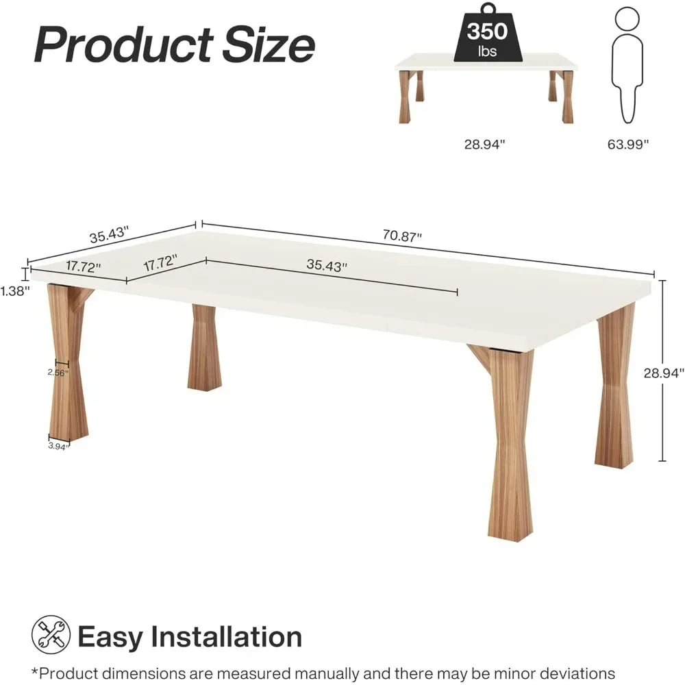 The Boston 70" Modern Dining Table by Morsale features dimensions of 70.87"L x 35.43"W x 28.94"H and a weight capacity of 350 lbs. Crafted in Mainland China, it includes a height comparison to a human at 63.99" and is noted for easy assembly and installation.