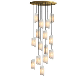 The Moonshade Natural Marble Pendant Lights by Morsale feature a modern luxury chandelier design with multiple glowing marble pendants suspended at varying lengths from a circular brass-colored base. This LED chandelier offers a sophisticated and elegant arrangement, making it the perfect choice to add a touch of class to any space.