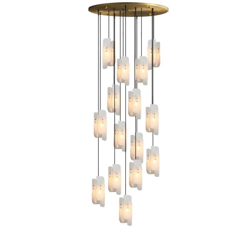 The Moonshade Natural Marble Pendant Lights by Morsale feature a modern luxury chandelier design with multiple glowing marble pendants suspended at varying lengths from a circular brass-colored base. This LED chandelier offers a sophisticated and elegant arrangement, making it the perfect choice to add a touch of class to any space.