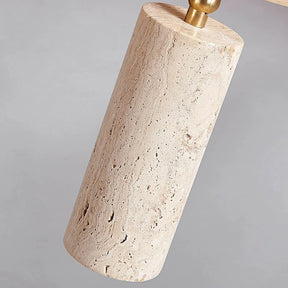 The 3-Head Natural Travertine & Wood Spot Light Fixture by Morsale.com features three adjustable LED spotlights mounted on a wooden ceiling panel. With their efficient LED bulbs and textured travertine finish, the spotlights emit a warm glow. The letters "GYS" are displayed in the top left corner of the image.