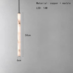 The Natural Marble & Brass Pendant Light Fixture by Morsale.com is a modern cylindrical pendant crafted from natural marble and featuring a polished brass finish. It emits a warm glow and measures 50 cm in height with a 6 cm diameter. The text on the image indicates its LED power is 14W.