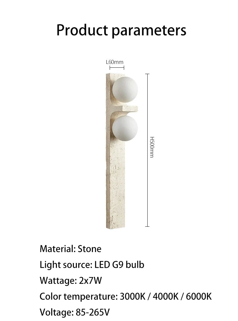 A modern Japan Style wall-mounted light fixture from Morsale.com, featuring two glowing circular LED bulbs, is vertically installed on a light-colored wall. Below the Natural Travertine Modern Wall Lights, to the left, a green leafy plant is partially visible.