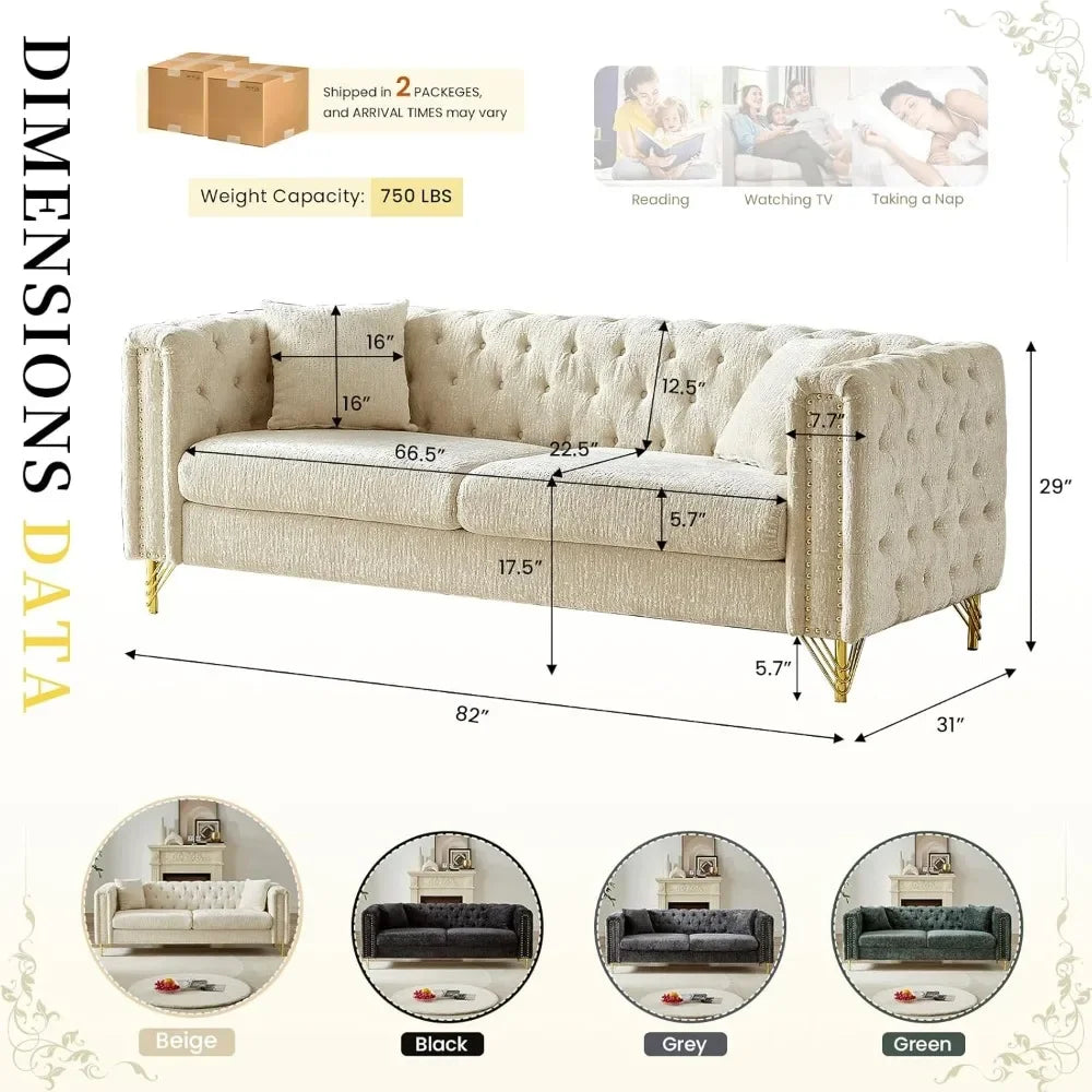 The Morsale Button Tufted Sofa Couch features a modern design with dimensions of 82"W x 31"D x 29"H, seat height of 16", seat depth of 22.5", and backrest height of 16". Crafted from composite fabrics in beige, black, grey, and green, it supports up to 750 lbs. Diagrams included for size details.