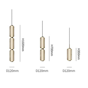 The image shows three hanging **Modern Minimalist LED Pendant Light Fixture** units from **Morsale.com** in a vertical arrangement, each with cylindrical glass shades. The heights are 1020mm, 700mm, and 350mm, respectively, with all having a diameter of 120mm. These gold-toned shades hang from black cables in a stylish pendant mount reminiscent of marble chandeliers.