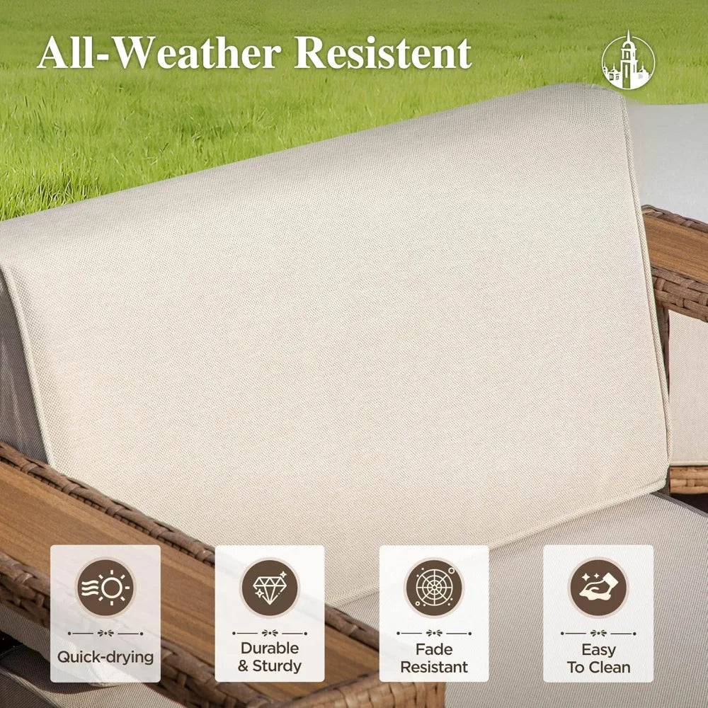 A beige cushion on Morsale's Burton Outdoor Rattan Wicker Sofa Sectional, featuring "All-Weather Resistant" text above. Icons and text: "Quick-drying," "Durable & Sturdy," "Fade Resistant," and "Easy To Clean." Green grass is visible in the background.