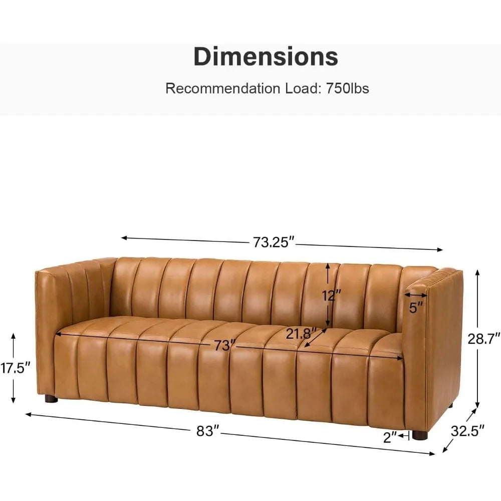 The Morsale Biagio 83" Genuine Leather Sofa showcases a mid-century style in brown tufted leather, measuring 83" L x 28.7" H x 32.5" D with a seating width of 73.25", back height of 5", and armrests at 17.5". It supports up to 750 lbs effortlessly, combining classic comfort with spacious design.