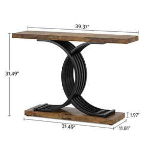 The Wexford Geometric Frame Console Table by Morsale features a curved black metal base and rustic wood finish, exuding modern style. Measuring 39.37" W x 31.49" H x 11.81" D with a 1.97" thick tabletop, it offers easy assembly for a chic addition to any room.