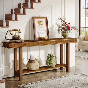 The Stanton Entryway Table With Storage by Morsale enhances the bright hallway with its geometric carvings, blending modern style and charm. It displays a vintage telephone, framed artwork, and a vase of red/white flowers. Baskets below offer practicality, while wooden stairs and living room furniture peek through.