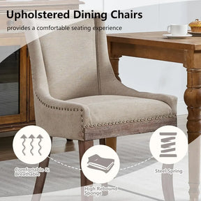 The Verona Dining Chairs Set of 6 by Morsale are tan upholstered chairs ideal for any dining room. They feature breathable fabric, high rebound sponge, and steel springs to ensure a comfortable seating experience, perfectly complementing a wooden table with modern style.