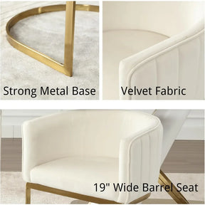 Collage of a Modena Dining Chair's features by Morsale: Top left shows gold metal base labeled "Strong Metal Base," top right highlights "Velvet Fabric," and the bottom shows a minimalist white velvet chair with label "19'' Wide Barrel Seat.