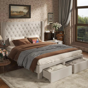 A cozy, modern bedroom showcases the Morsale Gio Velvet Queen Bed with a large tufted headboard and brown checkered cotton bedding. Open storage at the foot reveals blankets, while a nightstand with flowers, curtained window, and framed art complete the decor.