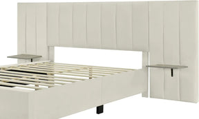 The Amalia Velvet Queen Size Bed by Morsale features a light cream, minimalist design with an extended padded headboard and two suspended side tables integrated into its Modern Morocco-inspired structure.