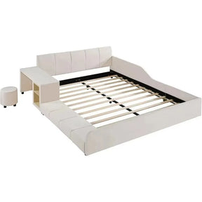 Chenille Queen Size Bed With Bedside Desk