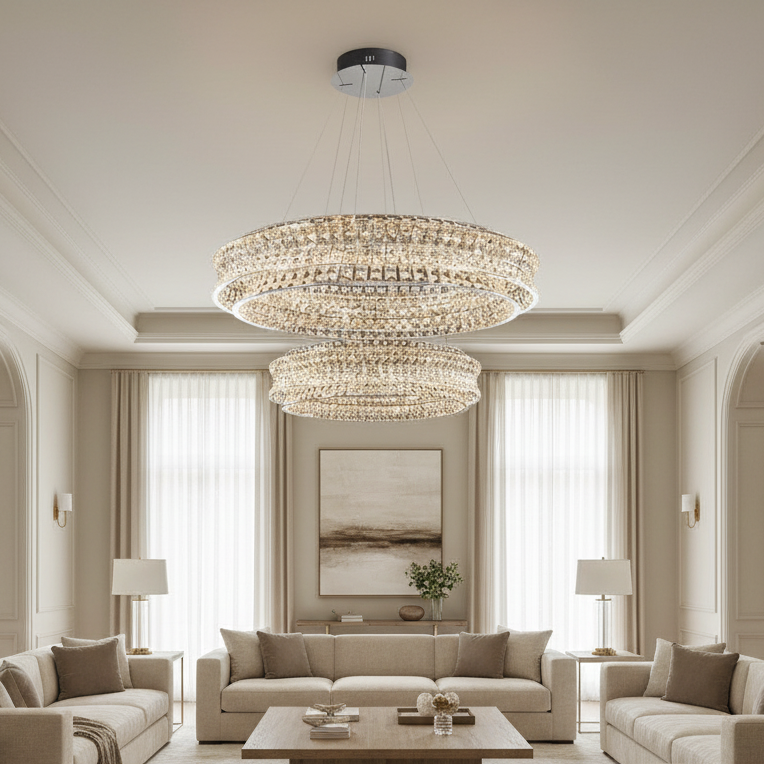 A spacious, elegant living room with beige sofas, a wooden coffee table, and large windows with sheer curtains. Two Morsale Bacci Crystal Chandeliers and modern LED lighting add a luxurious touch to the space.