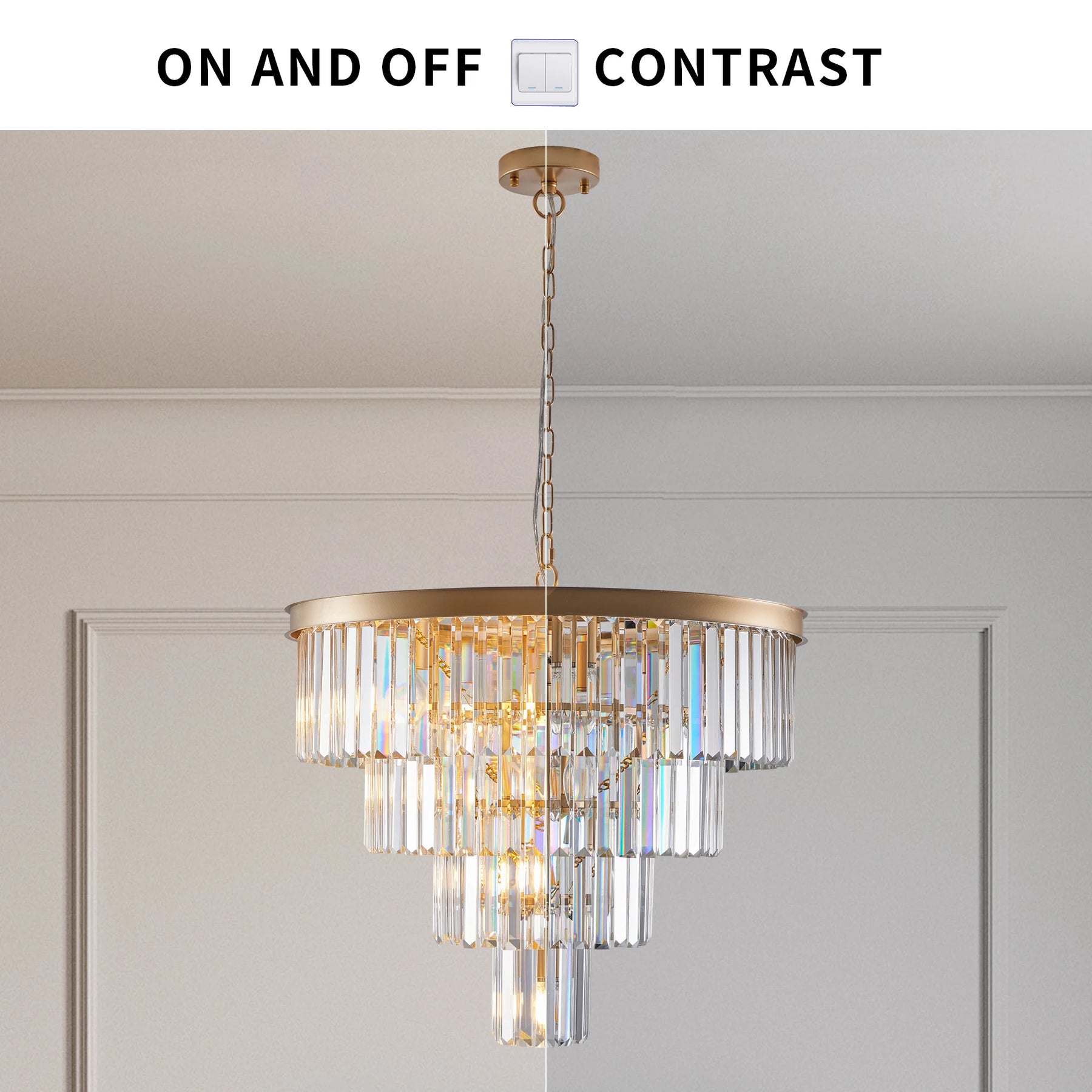 The 23.6" Gio Crystal Chandelier by Morsale, featuring a gold frame and crystal pendants, is suspended from the ceiling. The image displays "On and Off Contrast" with toggle icons on a light gray wall.