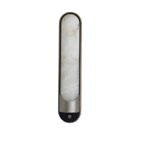 The Morsale Sandford Wall Sconce features a sleek vertical design with a stainless steel frame and smooth white stone-like center, tapering to a rounded bottom for a modern, minimalist look resembling natural marble.