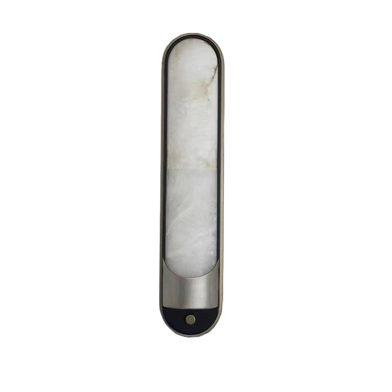 The Morsale Sandford Wall Sconce features a sleek vertical design with a stainless steel frame and smooth white stone-like center, tapering to a rounded bottom for a modern, minimalist look resembling natural marble.