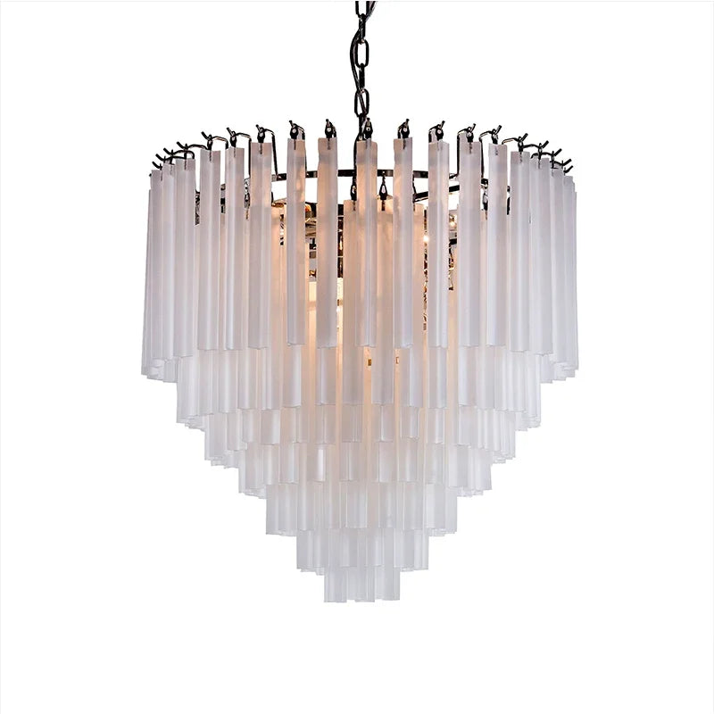 The Morsale Frost White Crystal Chandelier features cascading tiers of frosted glass tubes suspended from a dark metal frame. Its LED bulbs emit warm, diffused light through the glass, offering an elegant and modern appearance.