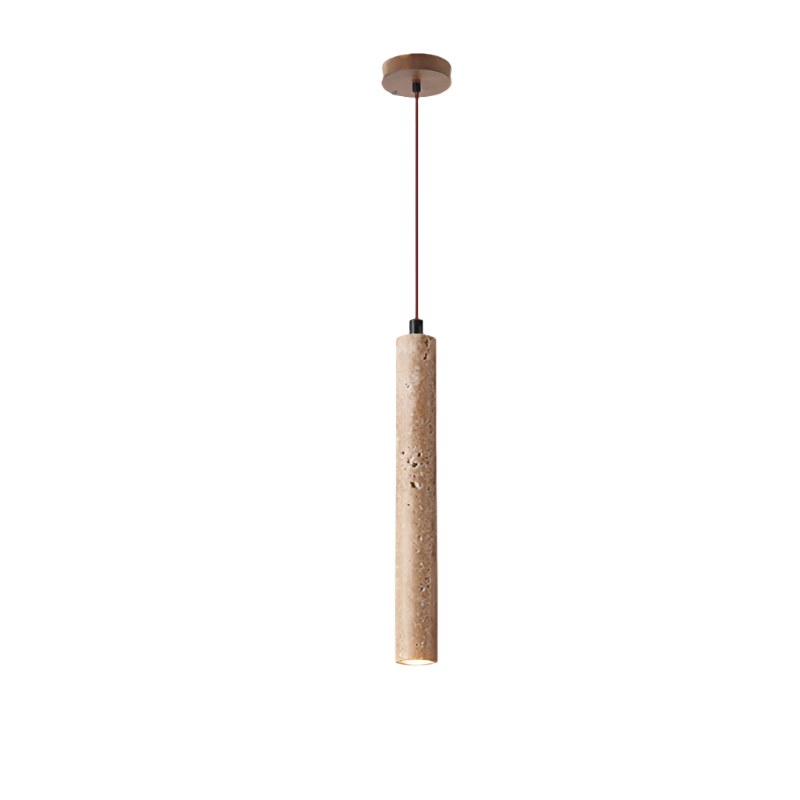 A sleek, cylindrical pendant light from Morsale.com, the Natural Travertine Modern Pendant Light, hangs from the ceiling, casting a warm glow over a small potted plant. The background features a beige wall and a piece of wooden furniture with a light-colored cushion. The scene exudes a minimalist, cozy ambiance.