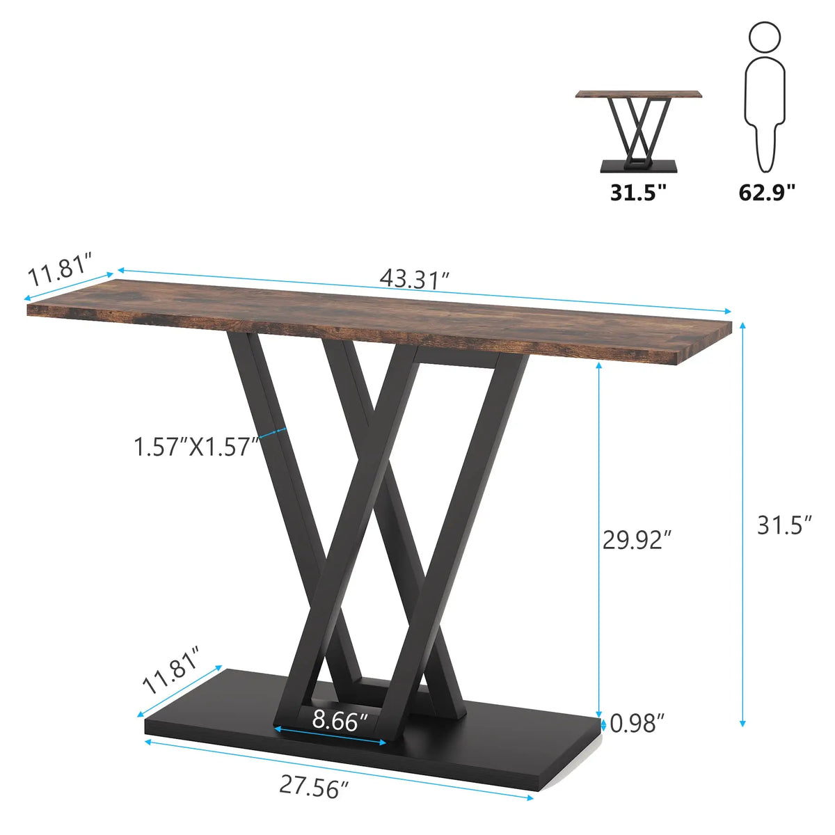 The Morsale Bradford Entryway Table is a modern console with a wooden top and sleek black metal legs, ideal for your living room. Measuring 43.31" L x 11.81" W x 31.5" H, it's shown in the graphic comparison.