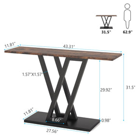 The Morsale Bradford Entryway Table is a modern console with a wooden top and sleek black metal legs, ideal for your living room. Measuring 43.31" L x 11.81" W x 31.5" H, it's shown in the graphic comparison.
