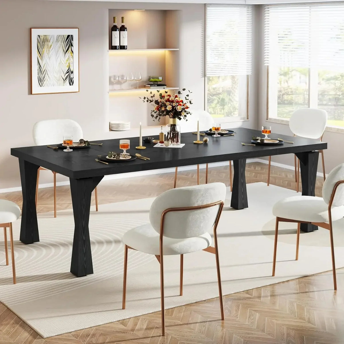 In a modern dining room, the Morsale Boston 70" Modern Dining Table with a two-tone finish is set for six with white cushioned chairs. Its durable MDF construction ensures style and longevity. Flowers, candles, and glassware decorate the table, complemented by large windows and a lighted shelf.