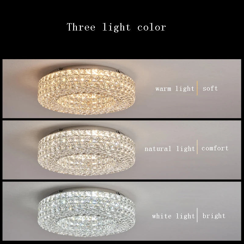 The Bacci Crystal Ceiling Light Fixture by Morsale features three round modern-style ceiling lights that offer diverse lighting effects: a warm light labeled as "soft," a natural light referred to as "comfort," and a white light known as "bright." Each LED bulb includes intricate crystal details set against a dark background, seamlessly combining elegance with contemporary design.