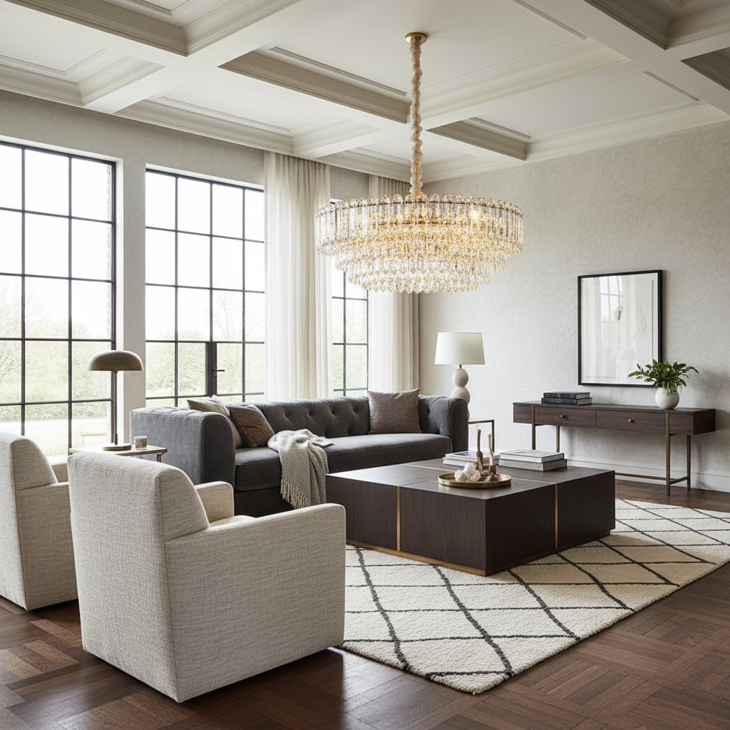 A modern living room with large windows, a gray sofa, two white armchairs, a geometric rug, a wooden coffee table, and the Gio Crystal Chandelier by Morsale sparkling above the side console with decor on a wood floor.