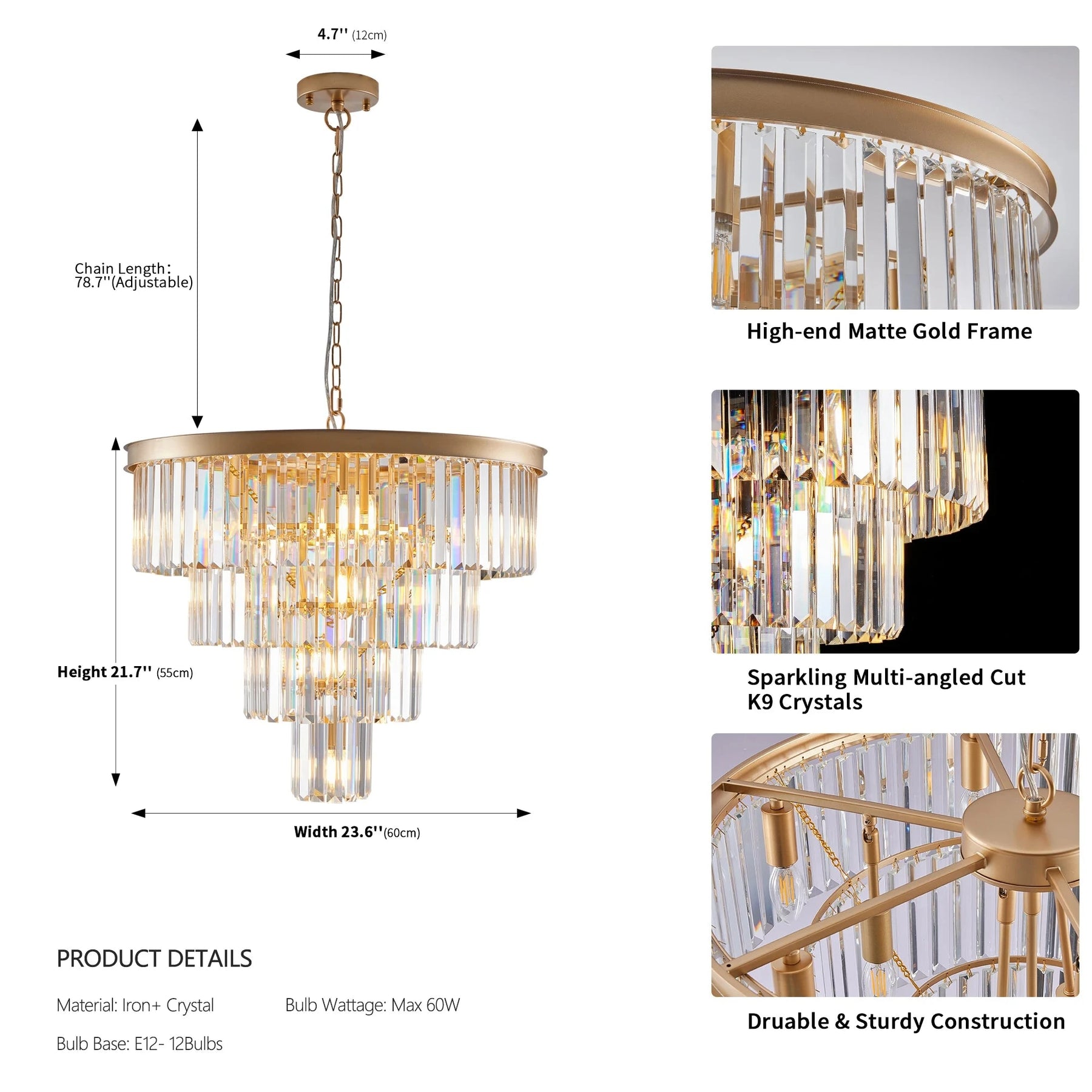 The Morsale 23.6" Gio Crystal Chandelier is a gold, multi-tiered fixture with acrylic crystals and an adjustable chain for easy installation. Compatible with various bulb types up to 60W, its pendant design combines modern style with a high-end metal frame and durable construction.