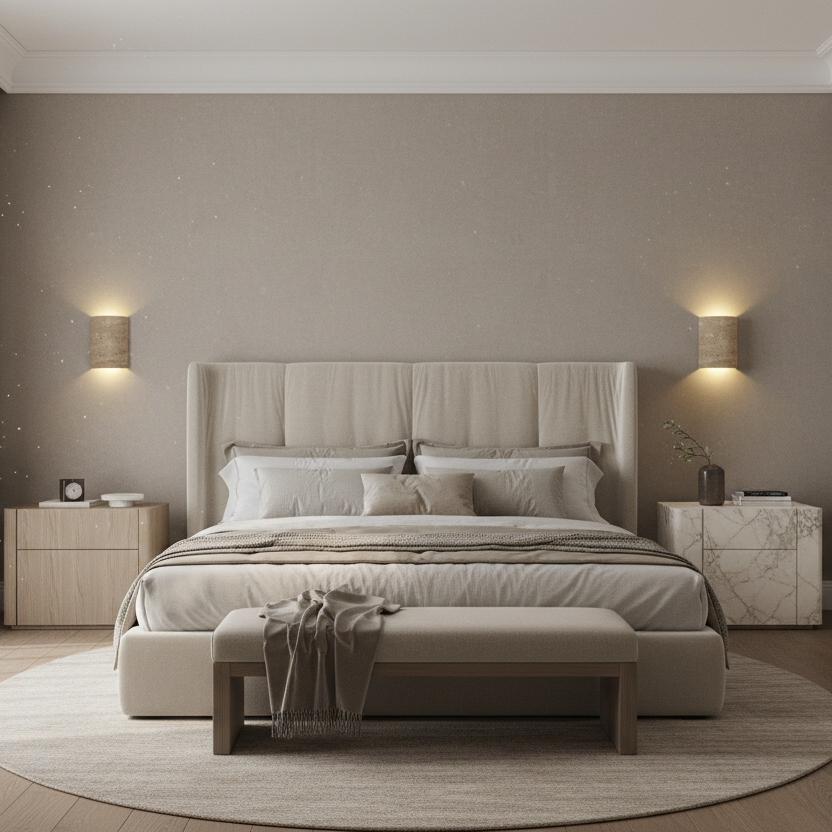 A modern, neutral bedroom features a large upholstered bed with layered bedding, a bench, two nightstands with lamps, and minimal decor—highlighted by the Rosalia Travertine Wall Sconce from Morsale.com above a round rug on wooden floors.