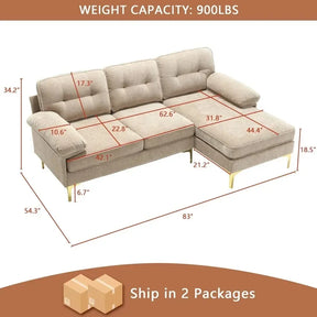 Image of a Morsale 83" light brown L-shaped sectional sofa with a chaise, modern gold legs, and red dimensions in width and height. Ideal for living rooms, it has a weight capacity of 900 lbs and ships in 2 packages.