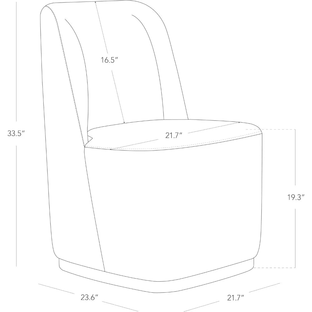 Line drawing of Morsale's Boucle Dining Chair with casters, featuring modern style and a rounded back. Dimensions: 33.5" height, 16.5" backrest height, 23.6" and 21.7" seat width, 19.3" seat height; complete with a padded seat for any home setting.