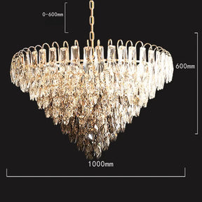 Introducing the Lazzo Contemporary Chandelier by Morsale—an exquisite piece featuring a tiered design with clear hanging crystals and a gold chain. Enhanced by energy-efficient LED bulbs, this modern chandelier is displayed against a black background. Its dimensions, 600mm in height and 1000mm in width, are highlighted in white text.