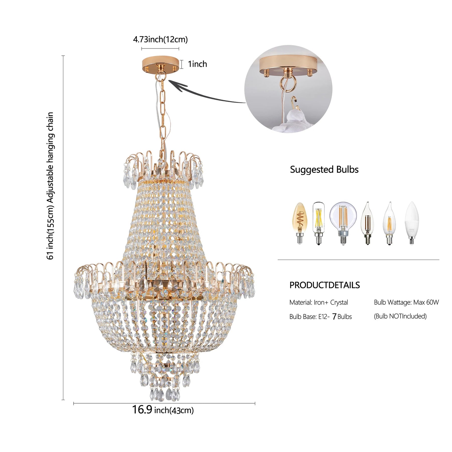 The Morsale French Empire Crystal Chandelier boasts a modern style with a gold finish, requiring seven halogen bulbs of 60W each. It stands 61 inches tall and is 16.9 inches wide.