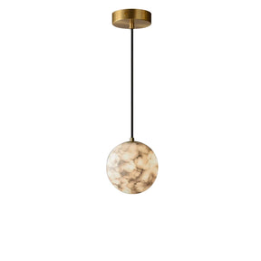 The Moonshade Natural Marble Ball Pendant Light by Morsale features a spherical, marble-textured design suspended from a black cord attached to a circular gold ceiling mount. With LED bulbs that emit a gentle, warm glow, this pendant light highlights the intricate marbling pattern of its shade, offering modern style elegance in every detail.