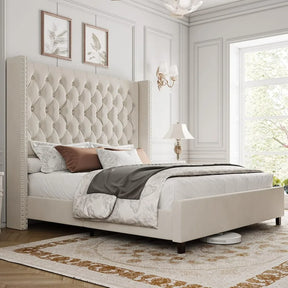 A luxurious bedroom features a Morsale Velvet Tufted Bed With Headboard, white and gray bedding, and decorative pillows. A cozy rug covers the wood floor. A bedside table with a lamp sits by the large window, and a European-made robotic vacuum is partially visible under the bed.