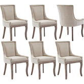 The Verona Dining Chairs Set of 6 by Morsale, featuring beige upholstery, wood frames, and nailhead trim, are presented against a white background. Captured from different angles—front, side, and back—they display minimalist modern style with sleek wooden legs.